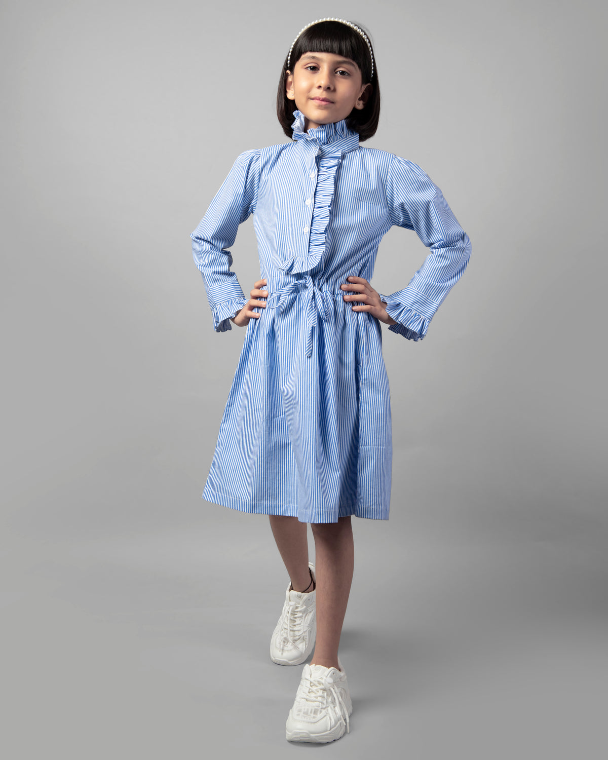 Blue Frill Collar Tie-Up Strip Dress