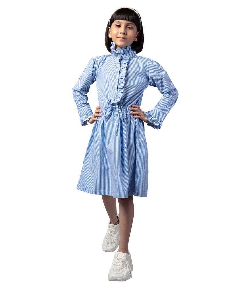 Blue Frill Collar Tie-Up Strip Dress