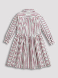 Pink Full Sleeve Collar Neck Fit and Flare Casual Striped Lining Girls Dress