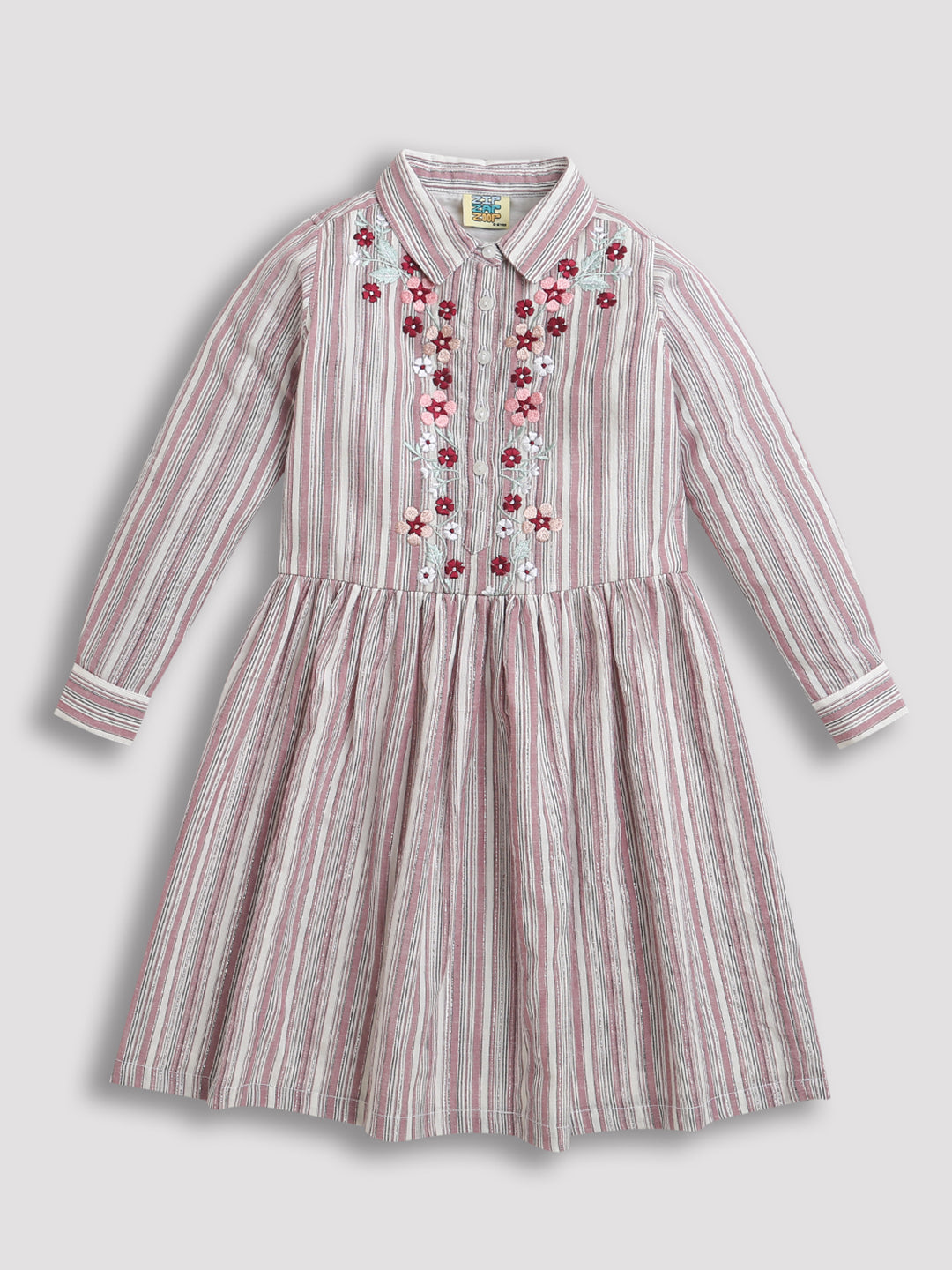 Pink Full Sleeve Collar Neck Fit and Flare Casual Striped Lining Girls Dress