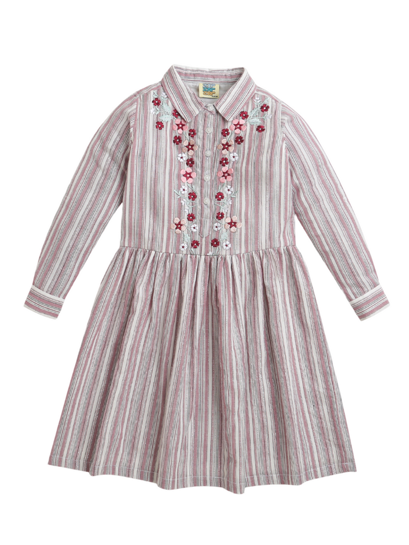 Pink Full Sleeve Collar Neck Fit and Flare Casual Striped Lining Girls Dress