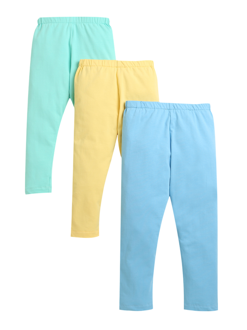 Yellow Green & Blue Plain Girl Legging (Pack of 3)