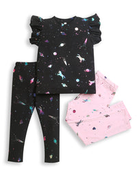 Pink & Black Half Sleeve Leggings and T-Shirt Girls Co-ord Set (Pack of 3)