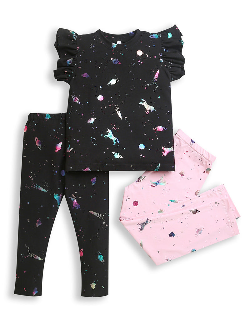 Pink & Black Half Sleeve Leggings and T-Shirt Girls Co-ord Set (Pack of 3)