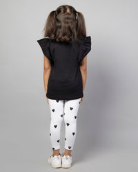 White and Black Frill Sleeve Heart Print T-Shirt and Leggings Co-ord Set