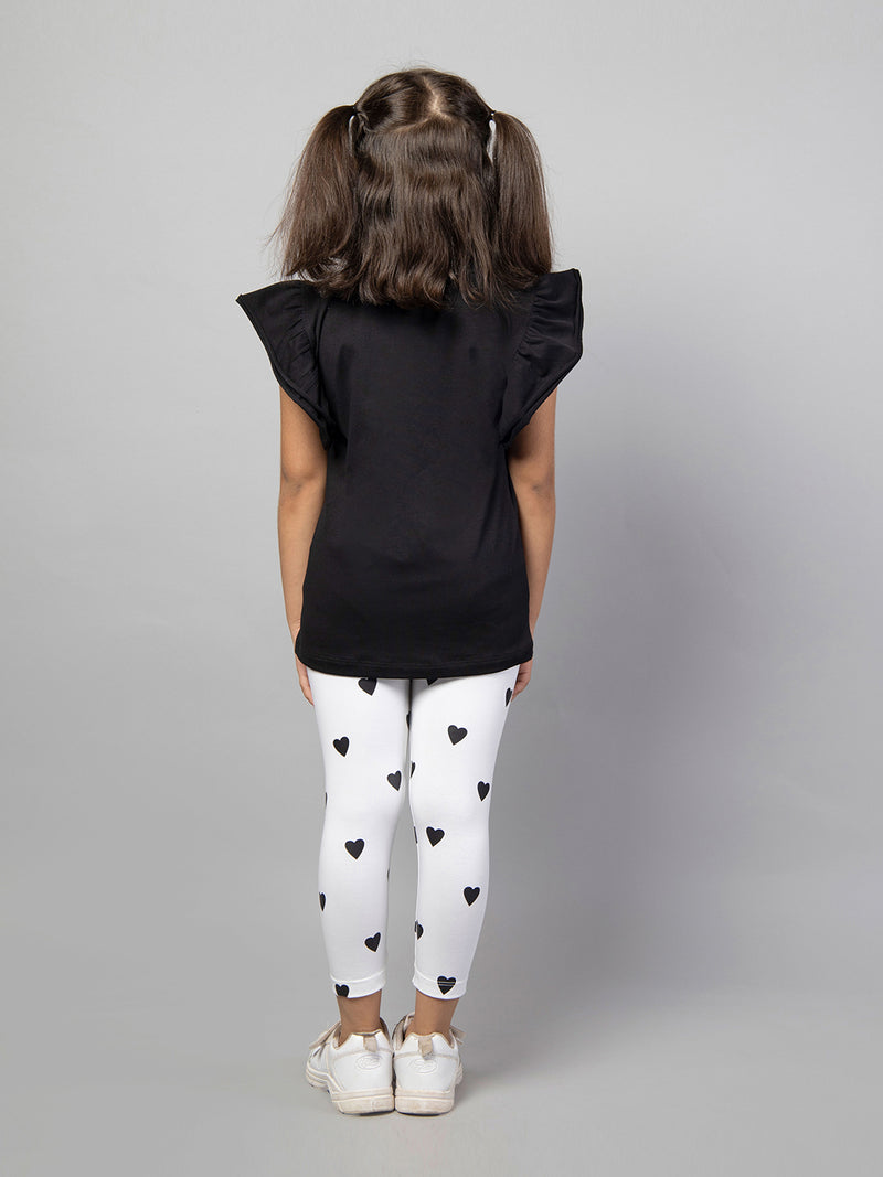 Black Frill Sleeve White Heart Print Cotton T-shirt