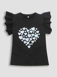 White and Black Frill Sleeve Heart Print T-Shirt and Leggings Co-ord Set