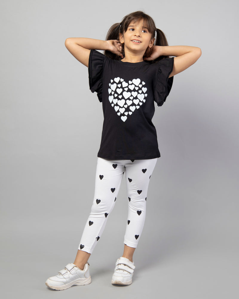 White and Black Frill Sleeve Heart Print T-Shirt and Leggings Co-ord Set