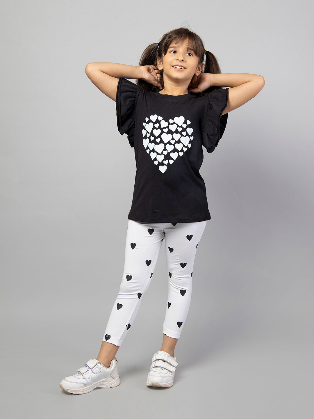 Black Frill Sleeve White Heart Print Cotton T-shirt