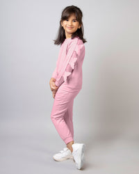 Pink Full Sleeve Round Neck Butterfly Girls Tracksuit Co-ord Set