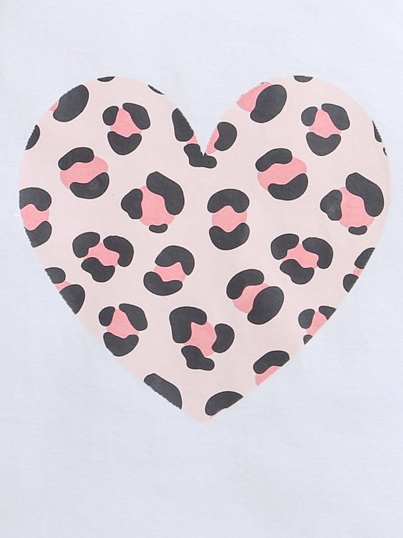 White Frill Sleeve Pink Heart Printed Cotton Girls T-shirt