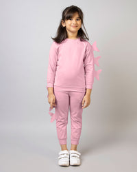 Pink Full Sleeve Round Neck Butterfly Girls Tracksuit Co-ord Set