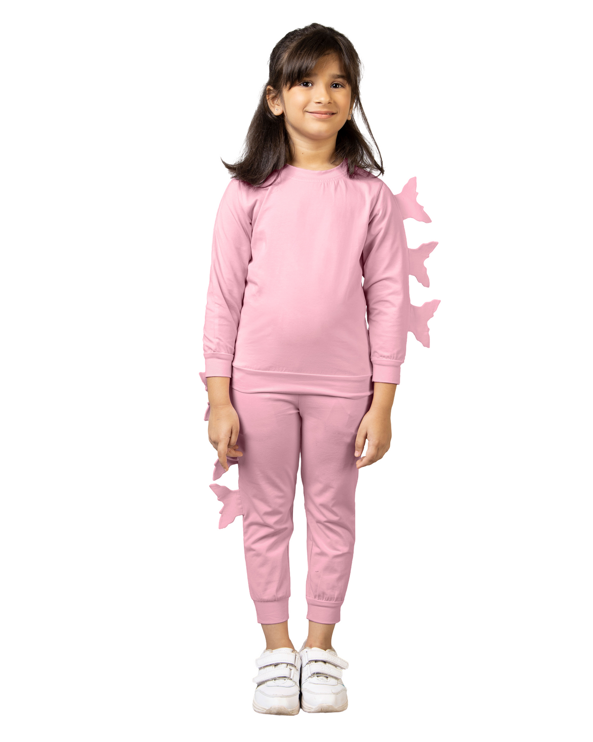 Pink Full Sleeve Round Neck Butterfly Girls Tracksuit Co-ord Set