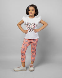 White and Pink Heart printed Top & Legging Girls Co-ord set