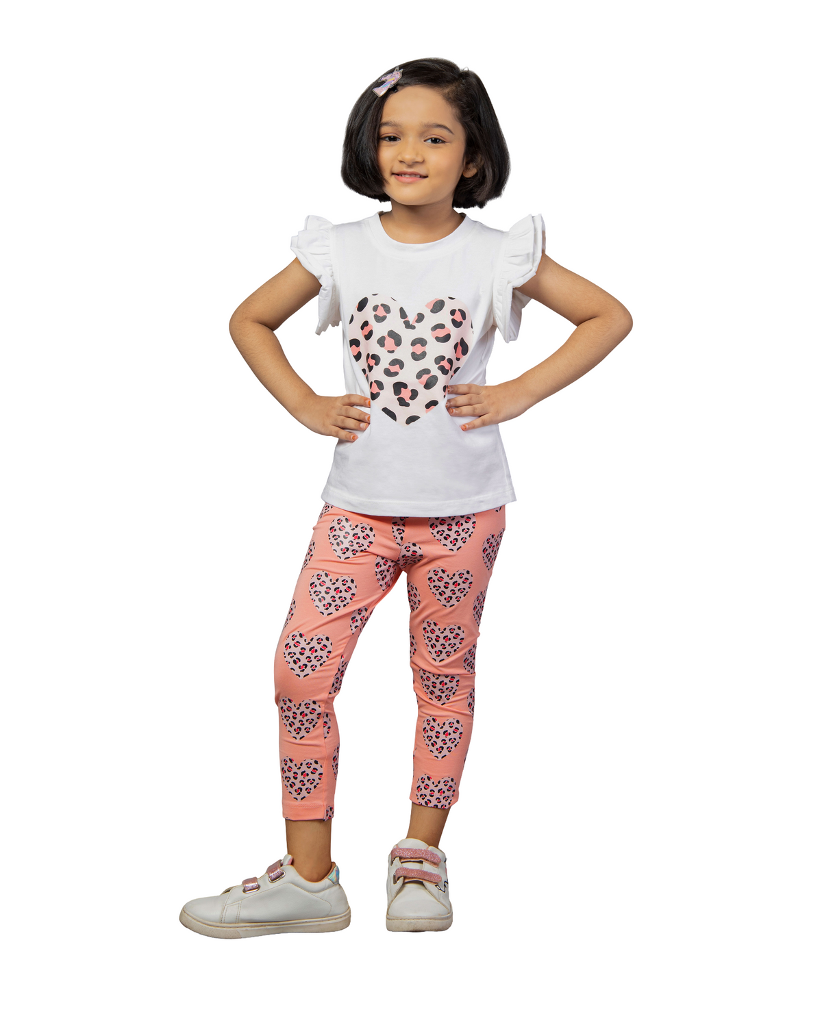 White and Pink Heart printed Top & Legging Girls Co-ord set