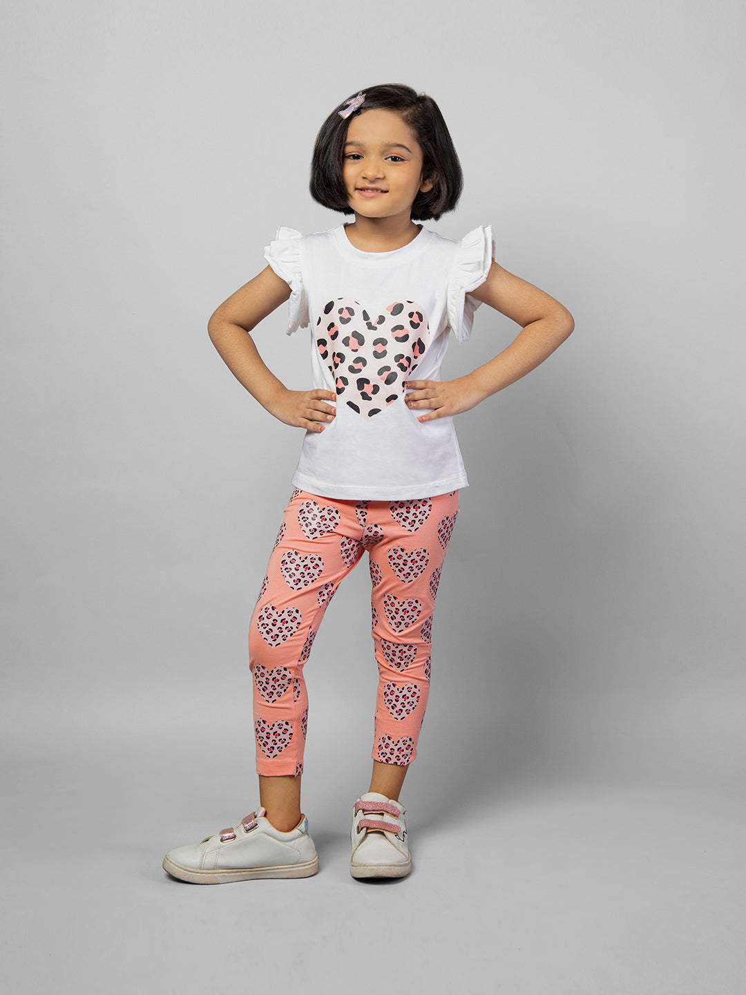 White Frill Sleeve Pink Heart Printed Cotton Girls T-shirt