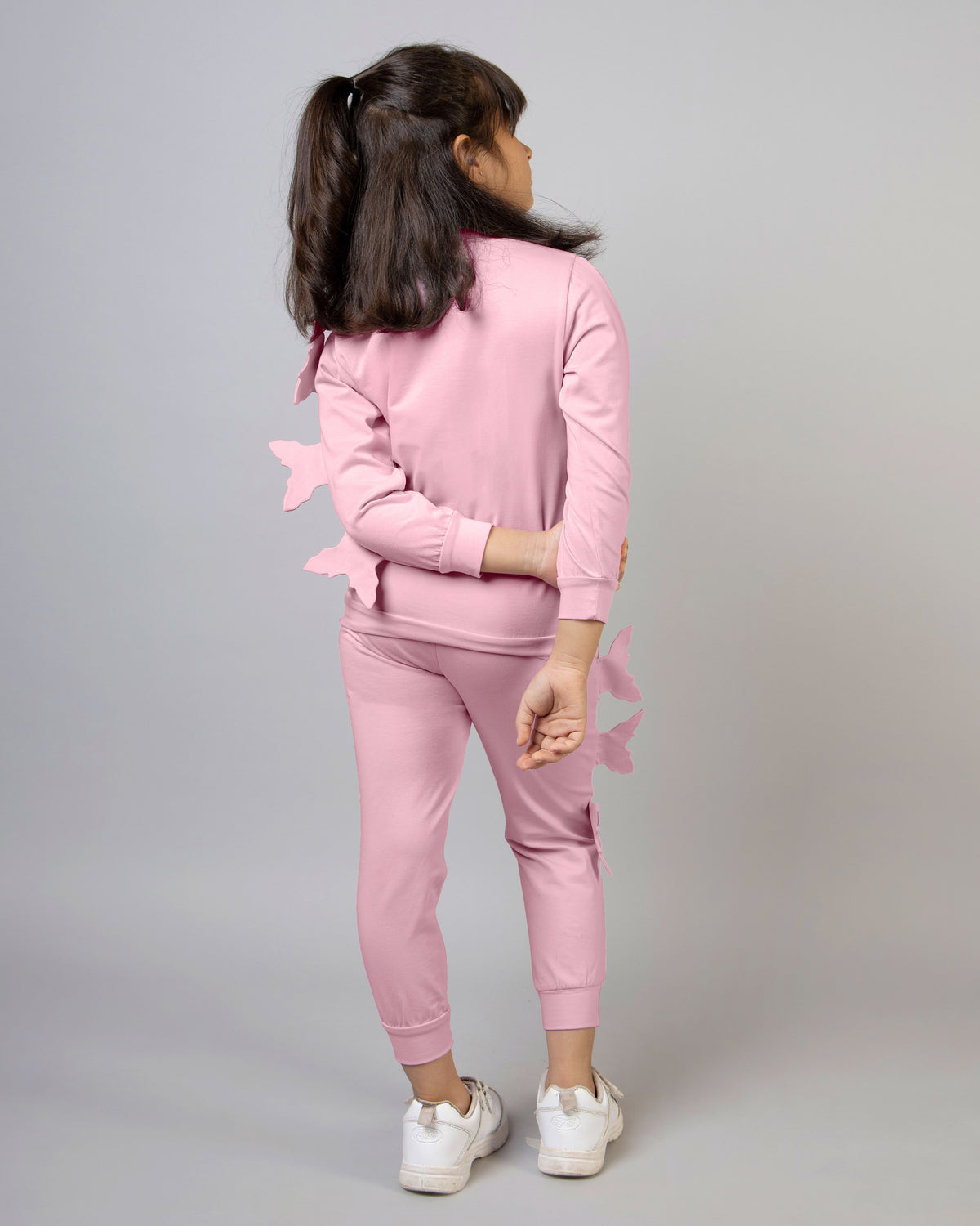 Pink Full Sleeve Round Neck Butterfly Girls Tracksuit Co-ord Set