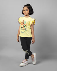 Yellow and Black Flower Mug Embroidery T-shirt & Legging Girls Co-ord sets