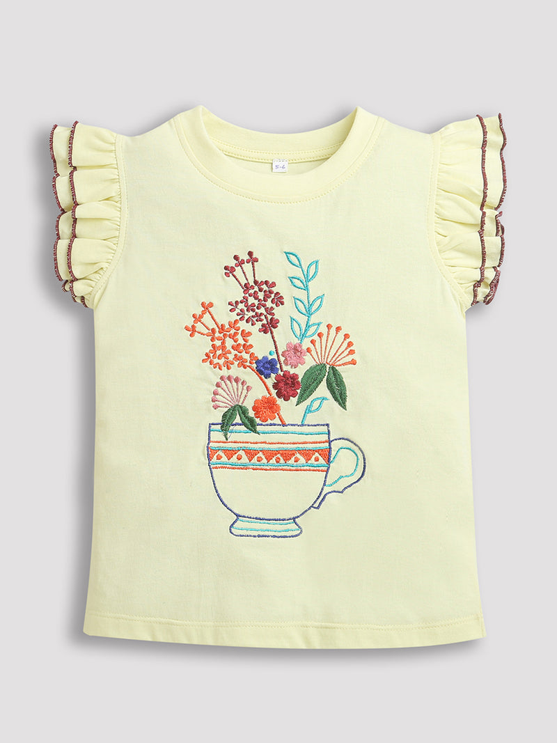 Yellow and Black Flower Mug Embroidery T-shirt & Legging Girls Co-ord sets