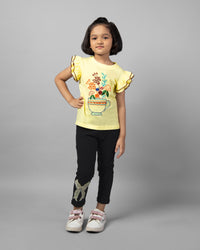 Yellow and Black Flower Mug Embroidery T-shirt & Legging Girls Co-ord sets