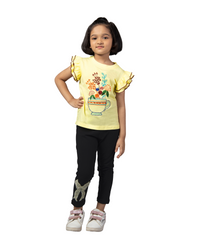 Yellow and Black Flower Mug Embroidery T-shirt & Legging Girls Co-ord sets