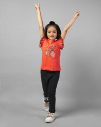 Girls Orange and Black Floral Bicycle Embroidered T-Shirt and Leggings Co-ord Set