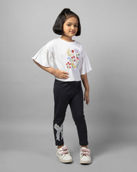 Girls White and Black Frill Sleeve Floral Embroidery T-Shirt and Leggings Co-ord Set