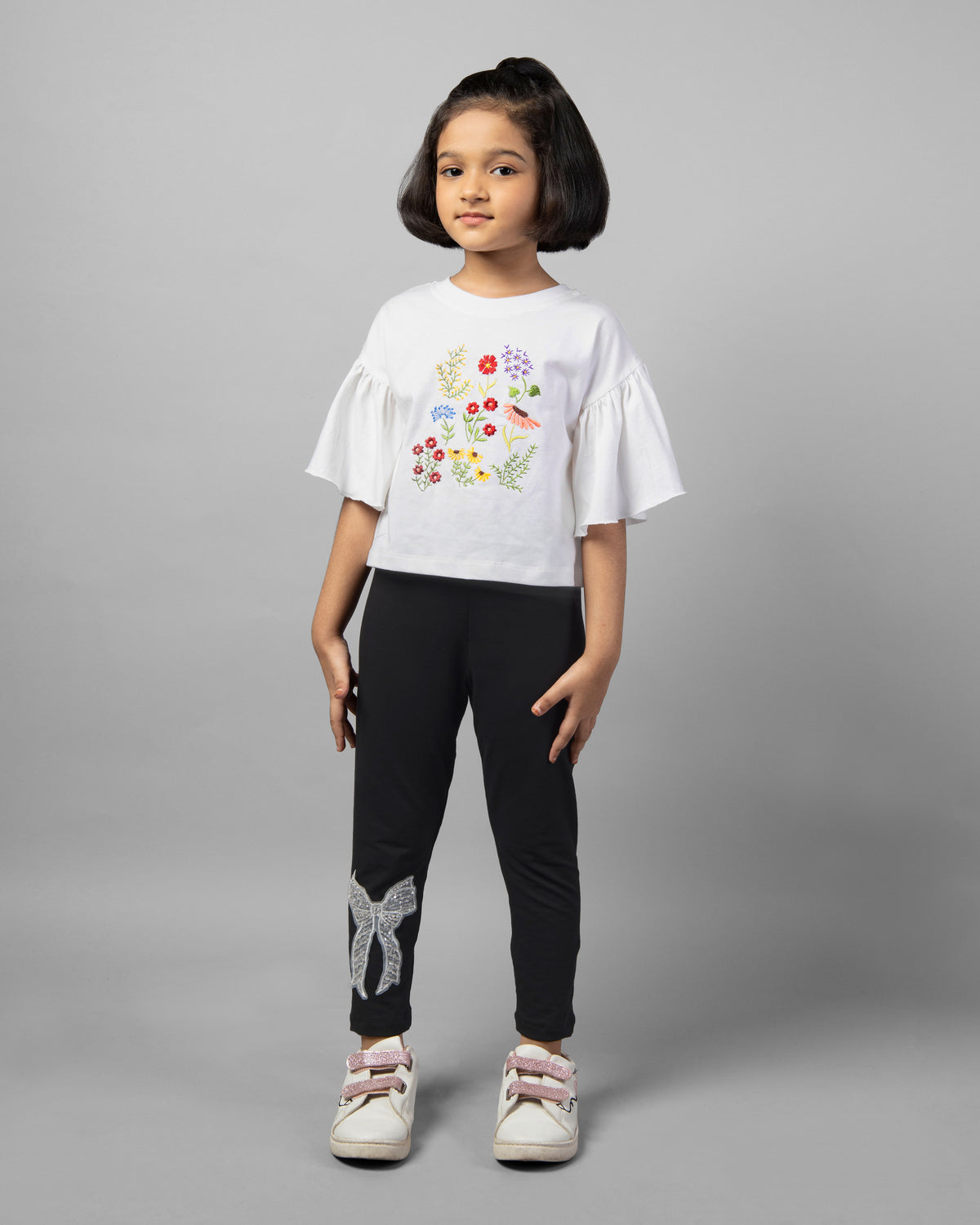 Girls White and Black Frill Sleeve Floral Embroidery T-Shirt and Leggings Co-ord Set