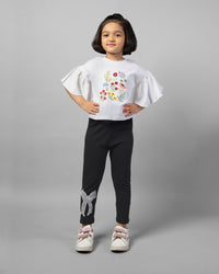 Girls White and Black Frill Sleeve Floral Embroidery T-Shirt and Leggings Co-ord Set