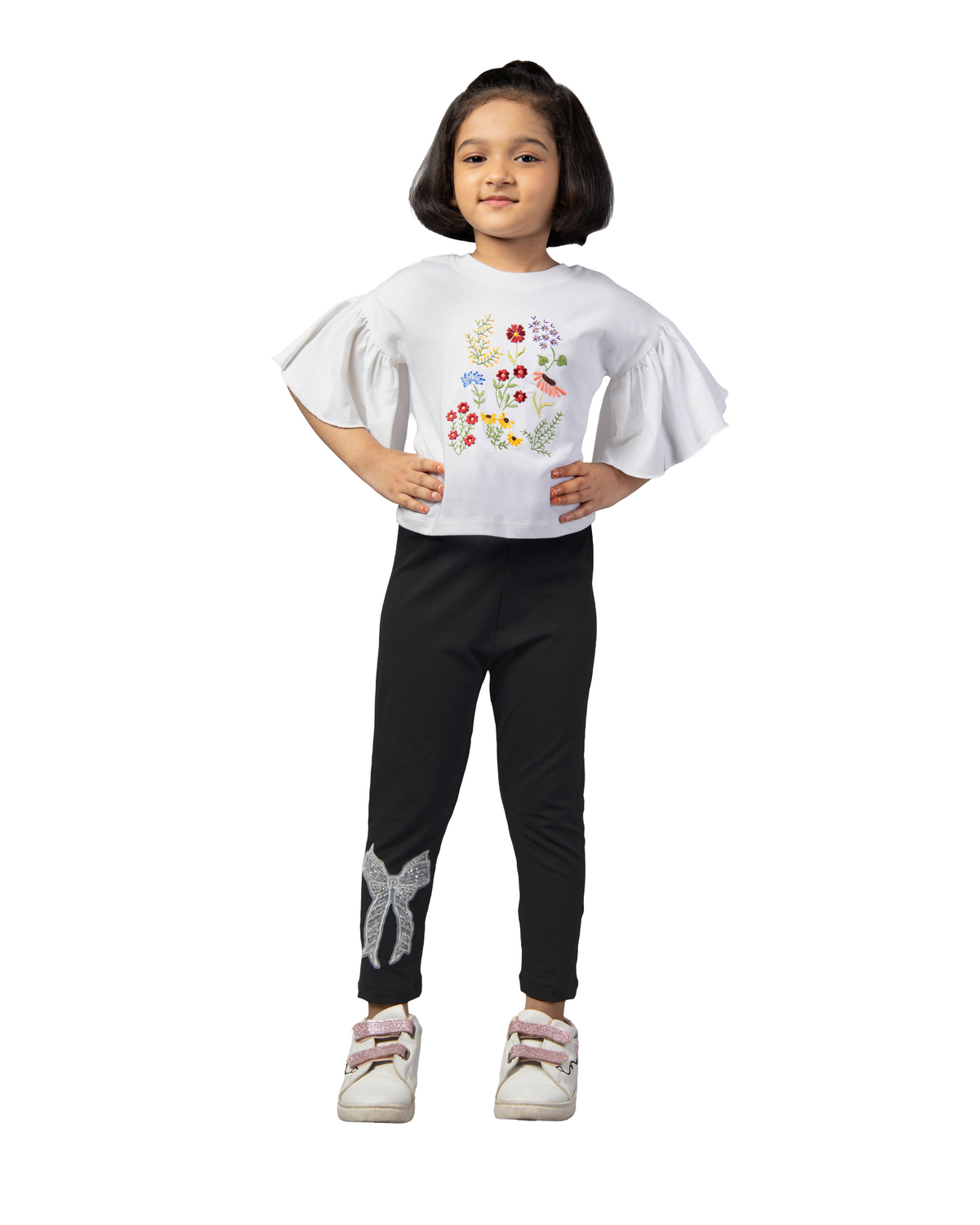 Girls White and Black Frill Sleeve Floral Embroidery T-Shirt and Leggings Co-ord Set