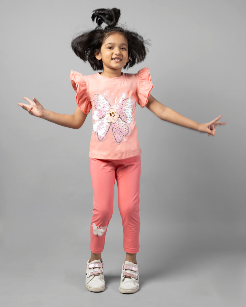 Pink Frill Sleeve Butterfly T-Shirt and Legging Girls Co-ord Set