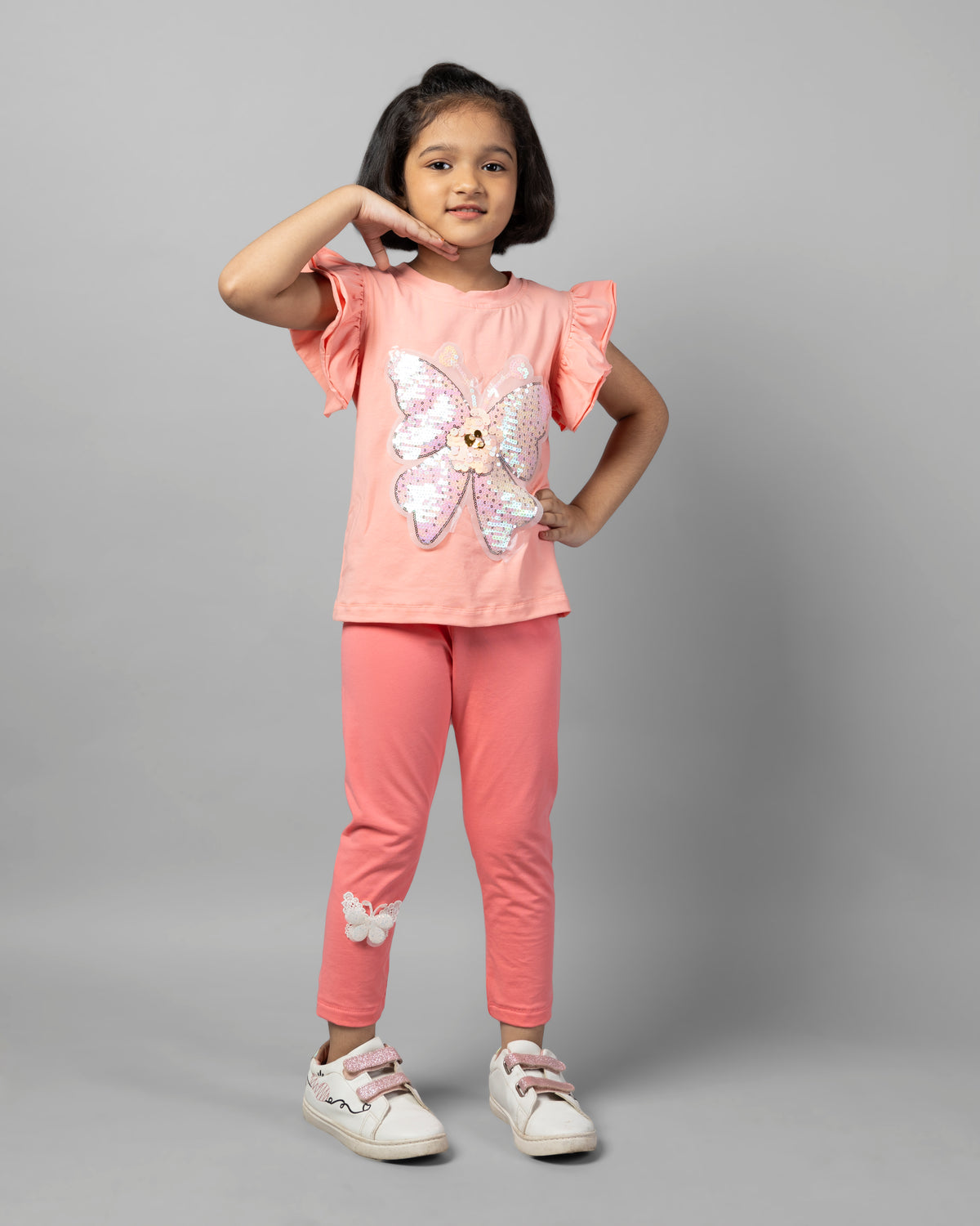 Pink Frill Sleeve Butterfly T-Shirt and Legging Girls Co-ord Set