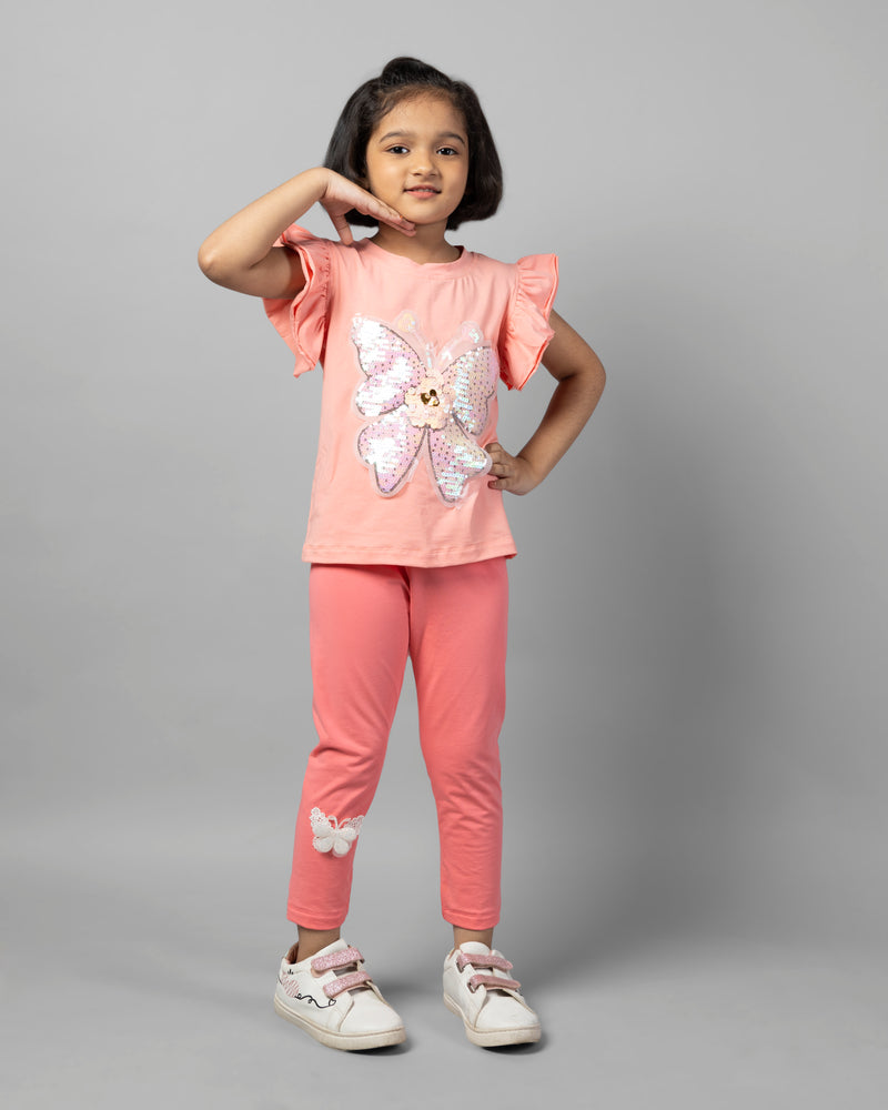 Pink Frill Sleeve Butterfly T-Shirt and Legging Girls Co-ord Set