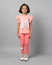 Pink Frill Sleeve Butterfly T-Shirt and Legging Girls Co-ord Set