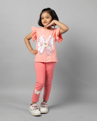 Pink Frill Sleeve Butterfly T-Shirt and Legging Girls Co-ord Set