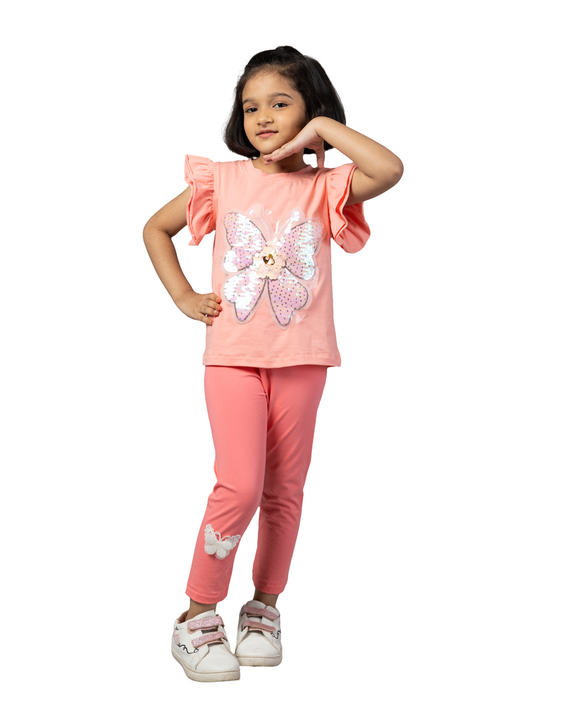 Pink Frill Sleeve Butterfly T-Shirt and Legging Girls Co-ord Set