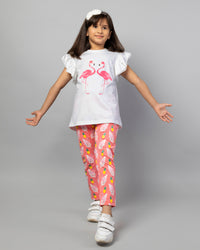 White Flamingo Print T-shirt & Printed Legging Girls Co-ord set