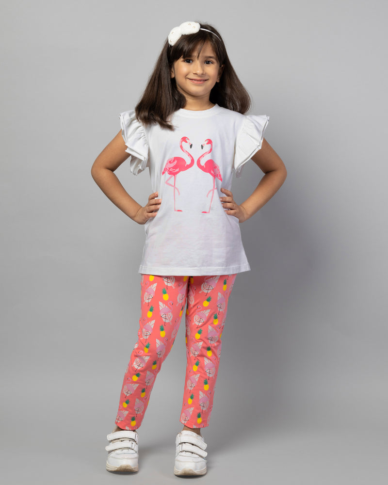 White Flamingo Print T-shirt & Printed Legging Girls Co-ord set