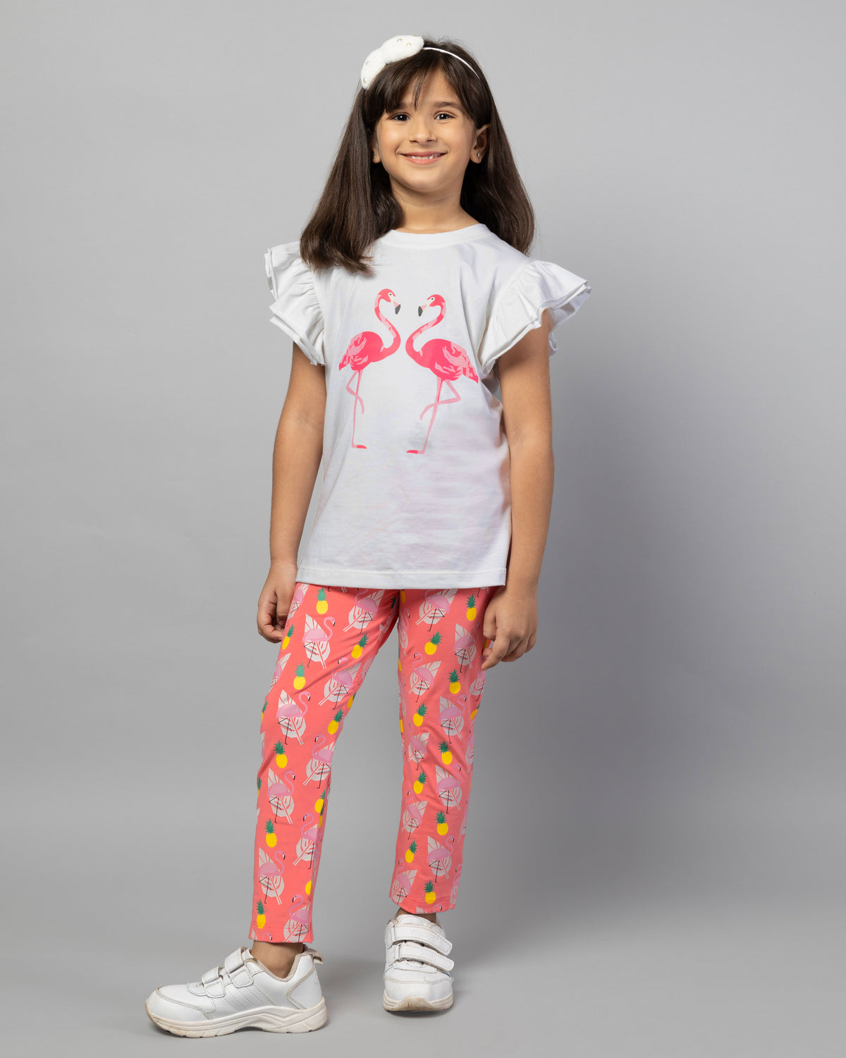 White Flamingo Print T-shirt & Printed Legging Girls Co-ord set