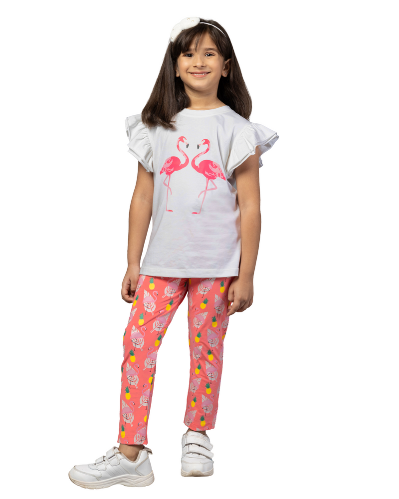 White Flamingo Print T-shirt & Printed Legging Girls Co-ord set