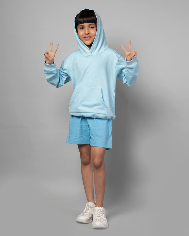 Girls Blue Long Sleeve Plain Hoodie & Shorts Co-ord Set