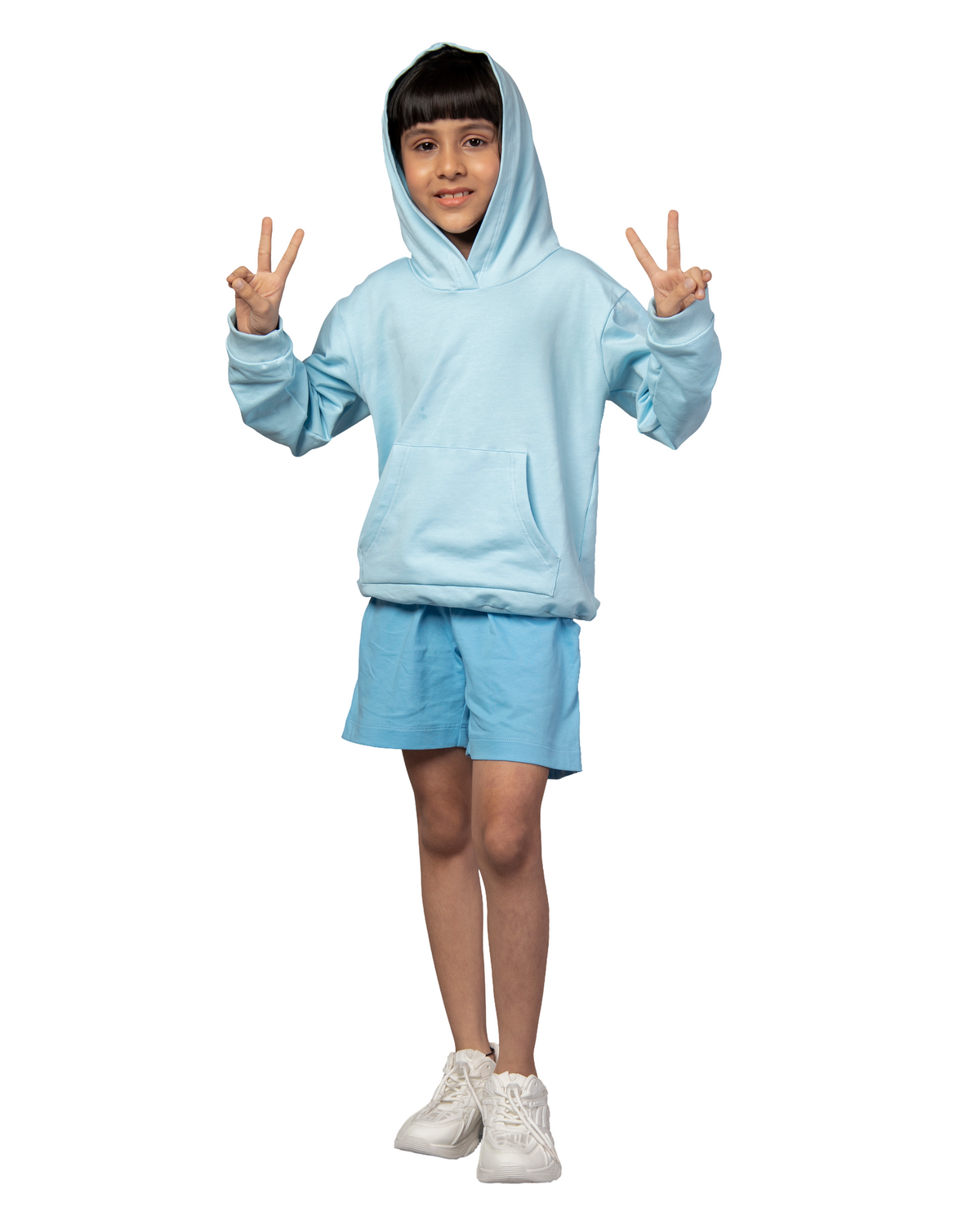 Girls Blue Long Sleeve Plain Hoodie & Shorts Co-ord Set