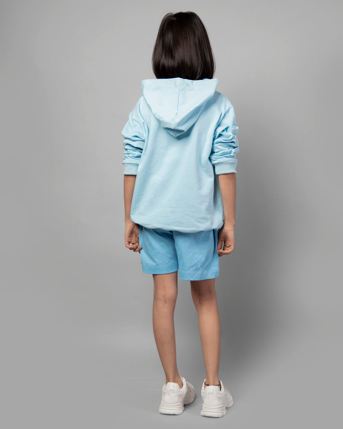 Girls Blue Long Sleeve Plain Hoodie & Shorts Co-ord Set