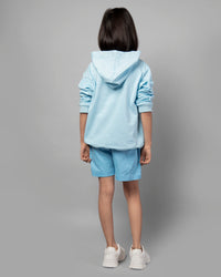 Girls Blue Long Sleeve Plain Hoodie & Shorts Co-ord Set