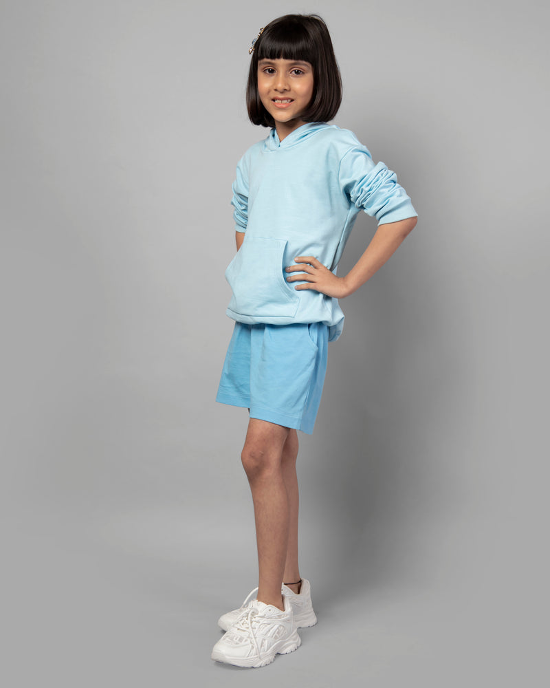 Girls Blue Long Sleeve Plain Hoodie & Shorts Co-ord Set