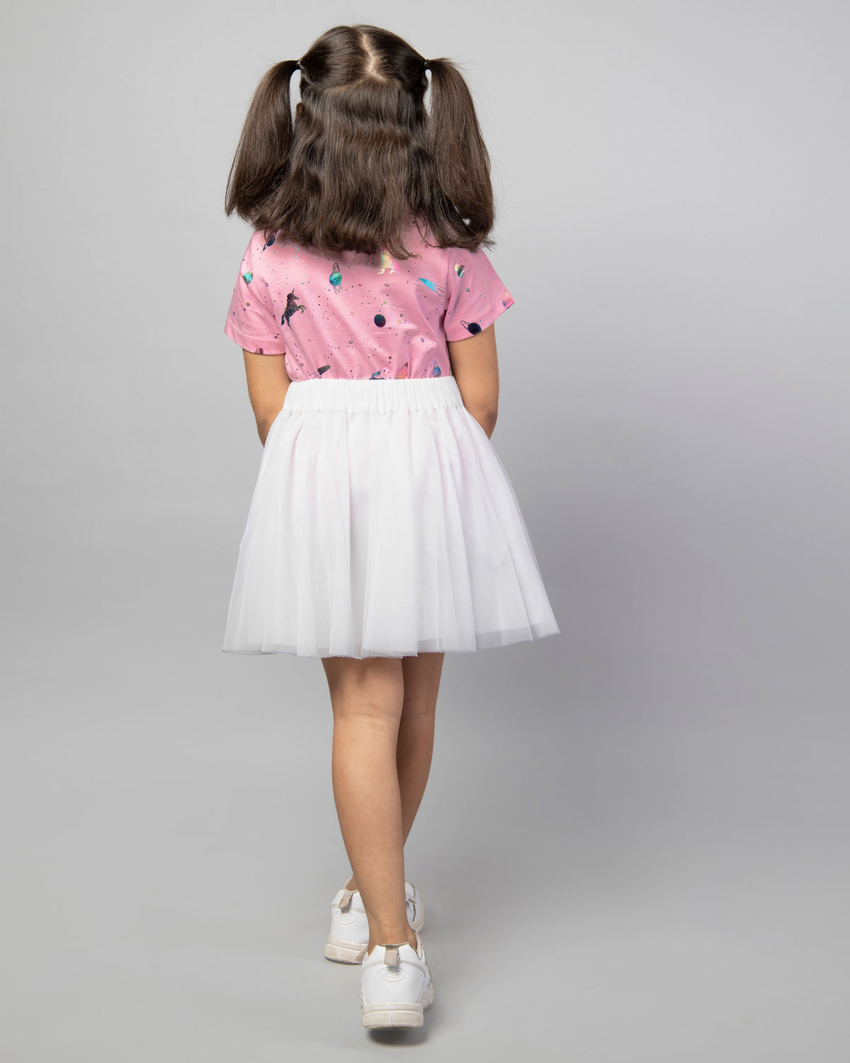 Pink Half Sleeve Unicorn Print T-Shirt and White Net Skirt Co-ord Set