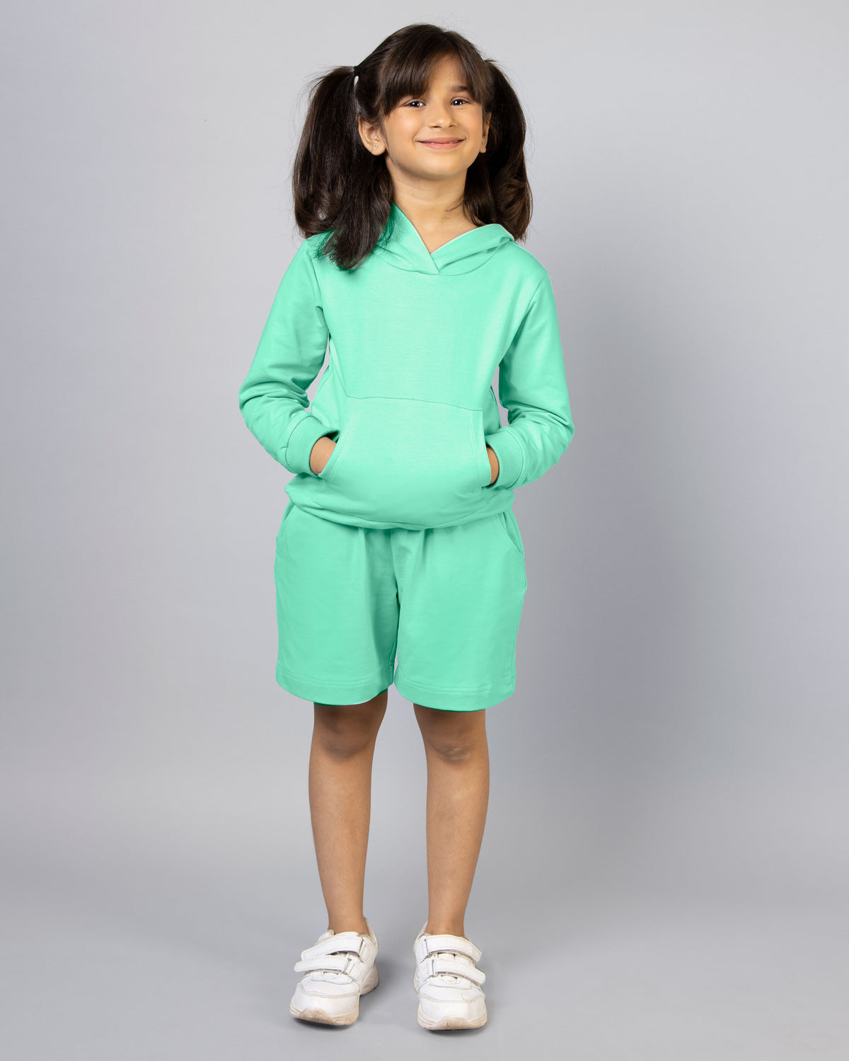 Mint Green Long Sleeve Plain Hoodie and Shorts Co-ord Set