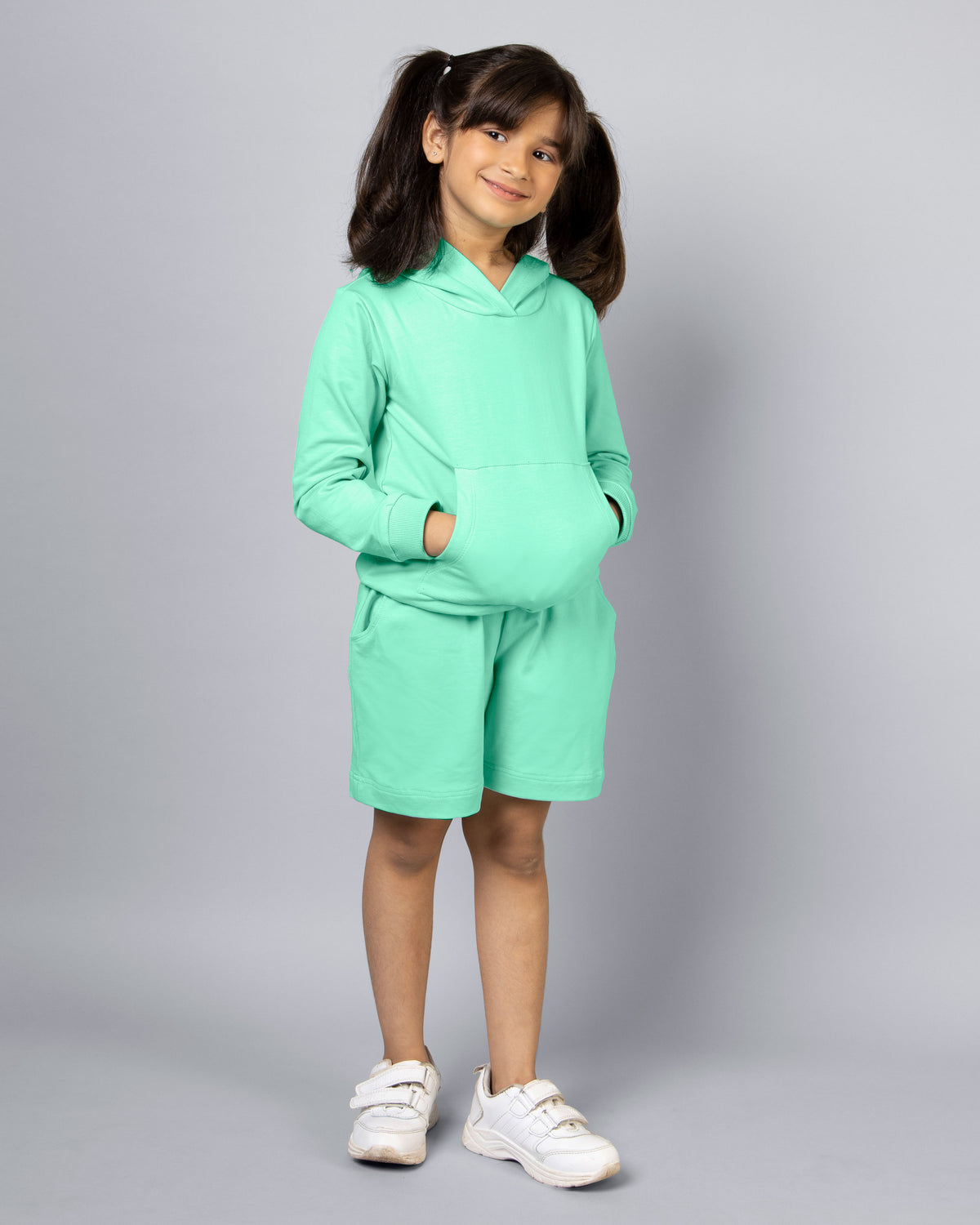 Mint Green Long Sleeve Plain Hoodie and Shorts Co-ord Set