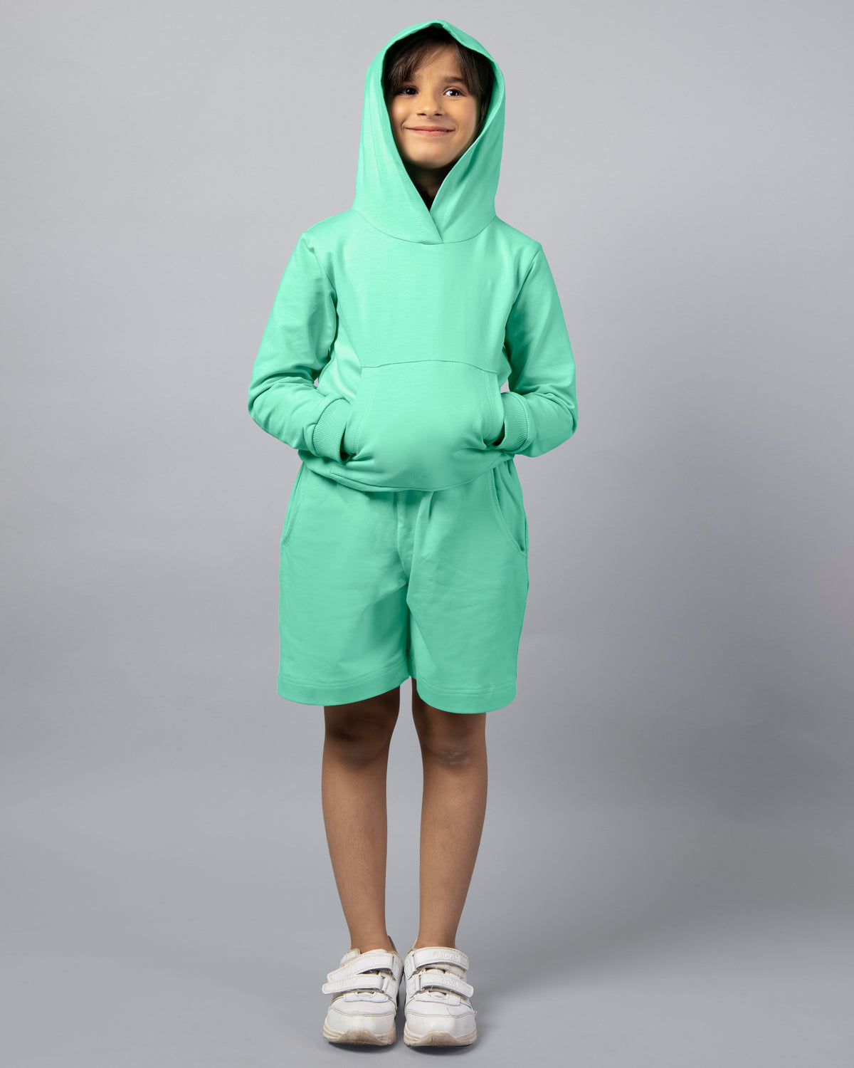 Mint Green Long Sleeve Plain Hoodie and Shorts Co-ord Set