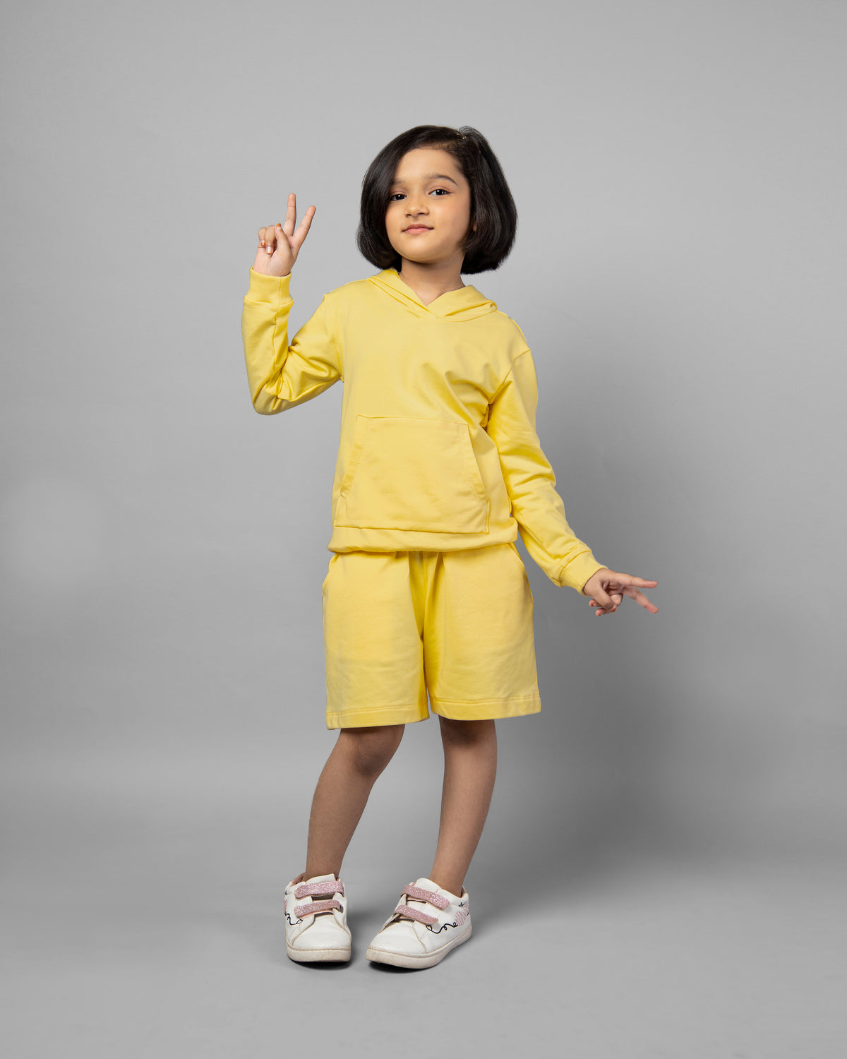 Girls Yellow Long Sleeve Hoodie and Shorts Matching Co-ord Set